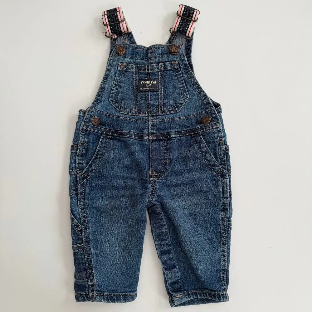 Oshkosh blue denim overalls red stripe straps